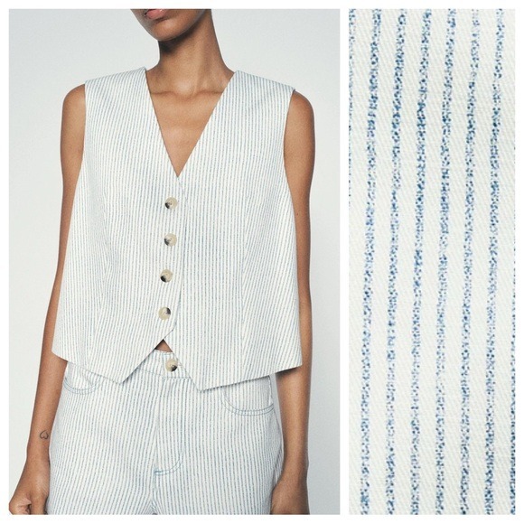 NWT. Zara White/Green Cotton Striped V-Neck Vest. Size S.