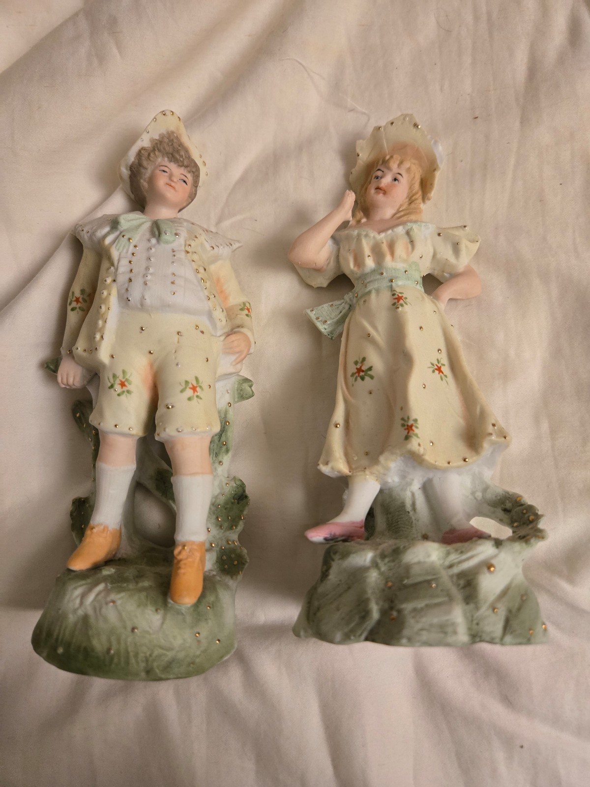 Antique German Bisque Figurine Pair Man Woman In Countryside W/ Trees 8” Tall