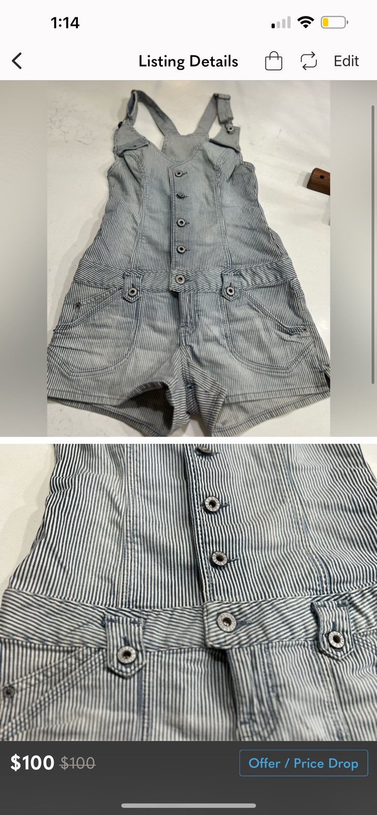 Guess Jeans Fitted Striped Short Overalls with Stretch, size Medium, rare find!