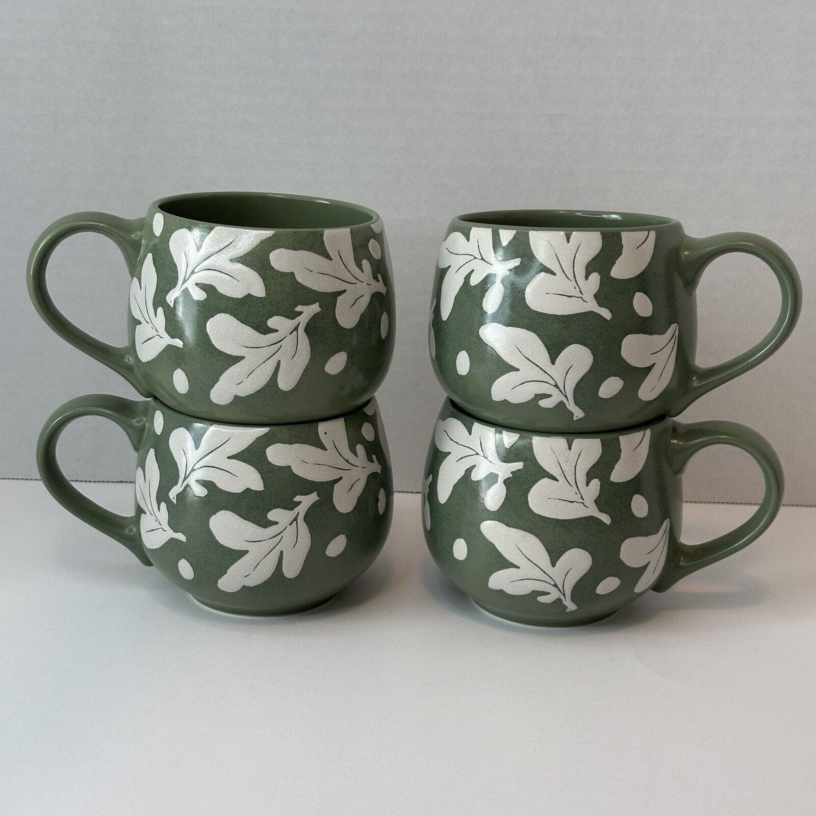 DANSK Sirena-Liora Manne White Leaves&Ovals Green Mug Set/4 Discontinued VTG