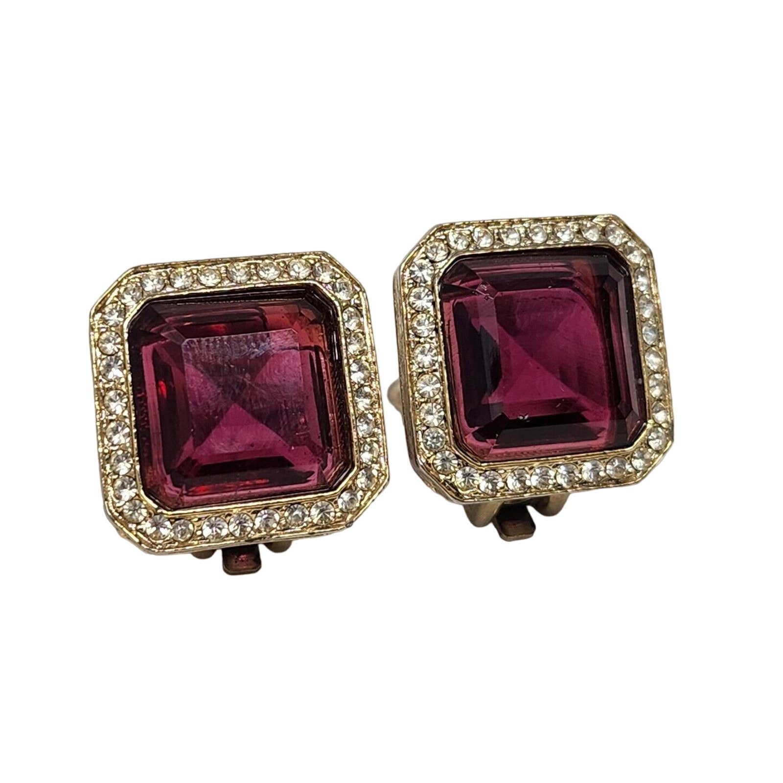 Signed HOBE Faux Garnet / Ruby Glass Rhinestone Clip-on Earrings Square Vintage