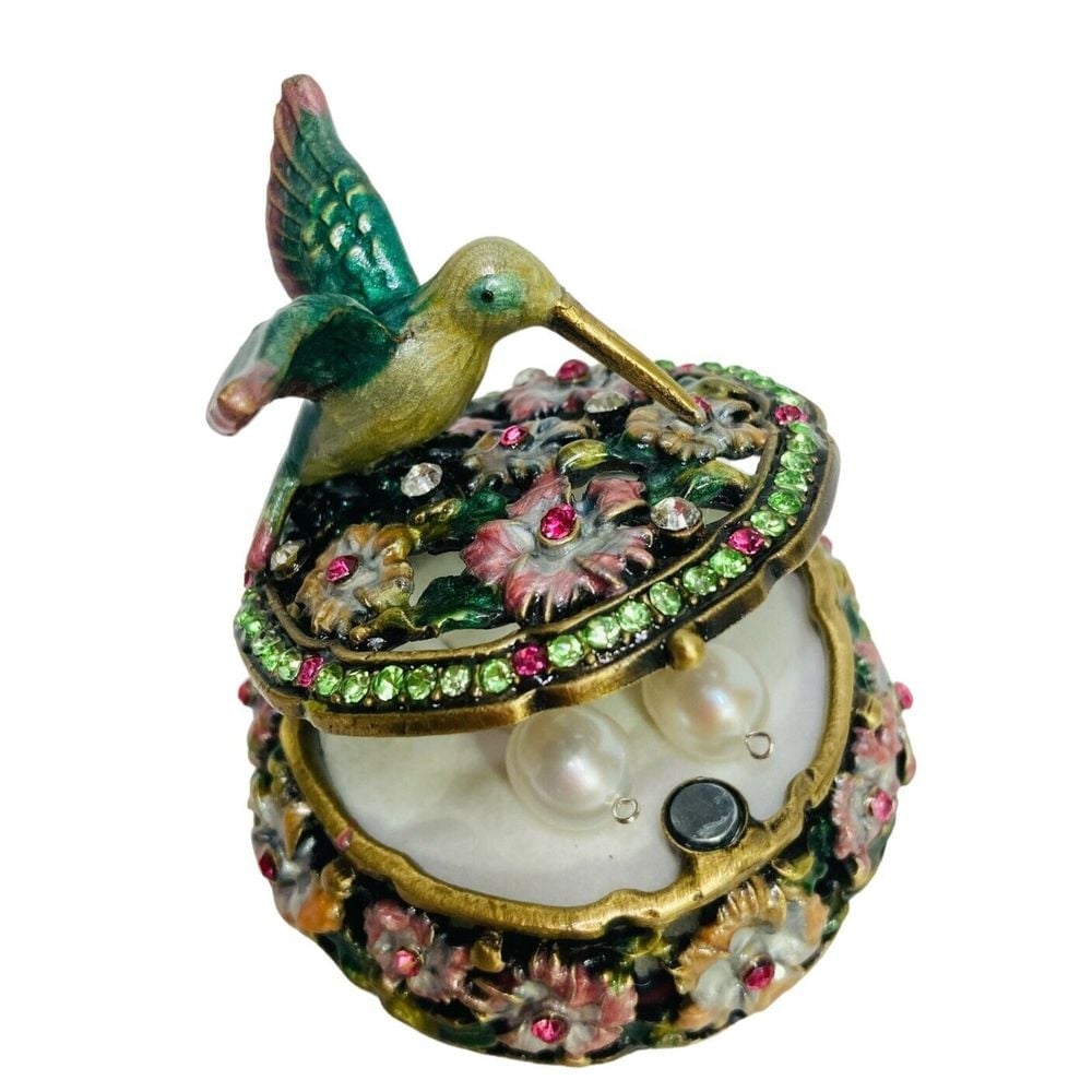 Hummingbird Metal Enamel Jeweled Rhinestone Hinged Trinket Box
