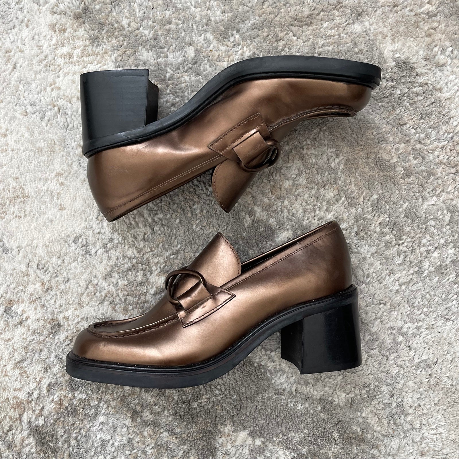 FRANCO SARTO Metallic Copper Brown Leather Chunky Block Heel Penny Loafers