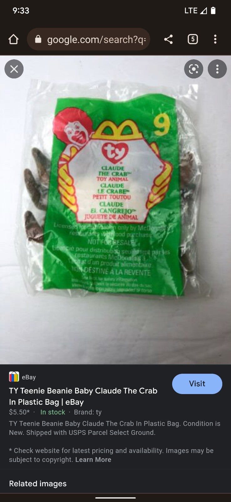 McDonald's Claude The Crab Beanie baby