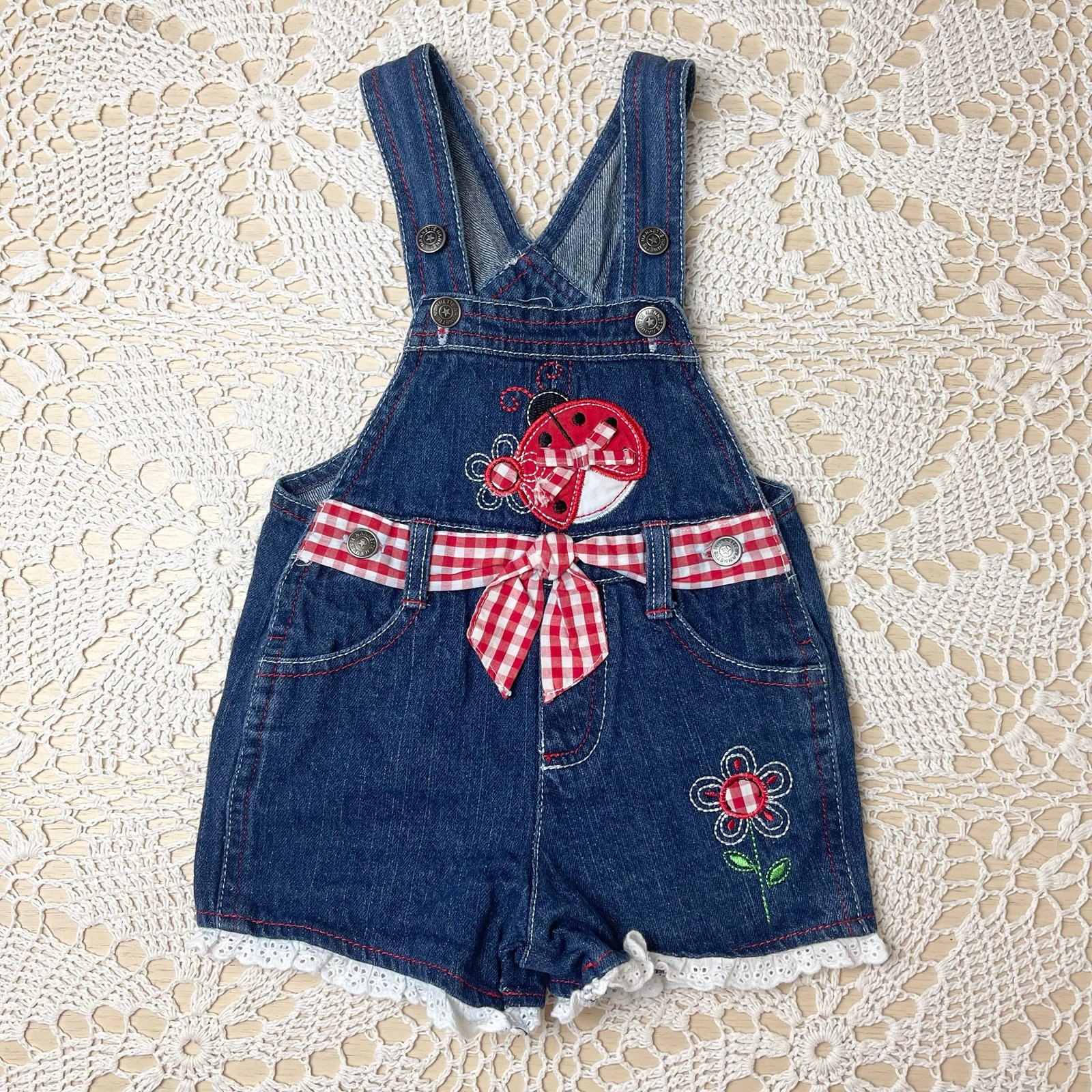 Vintage Y2K Nannette Baby Girl 2T Denim Lady Bug Applique Dainty Shortalls