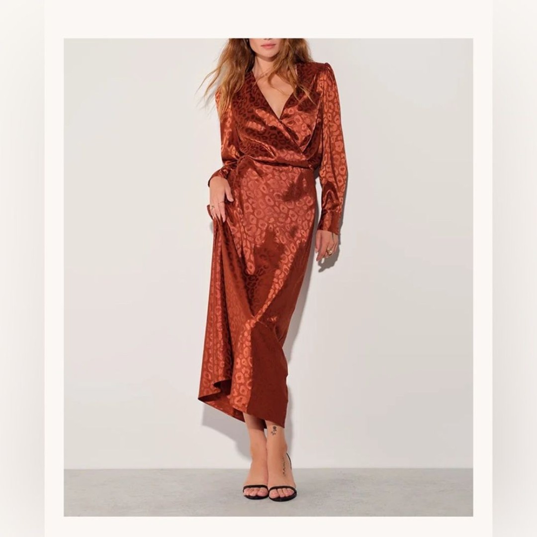 Favorite Daughter Joan Maxi Dress Brown Satin Leopard XS faux wrap 278