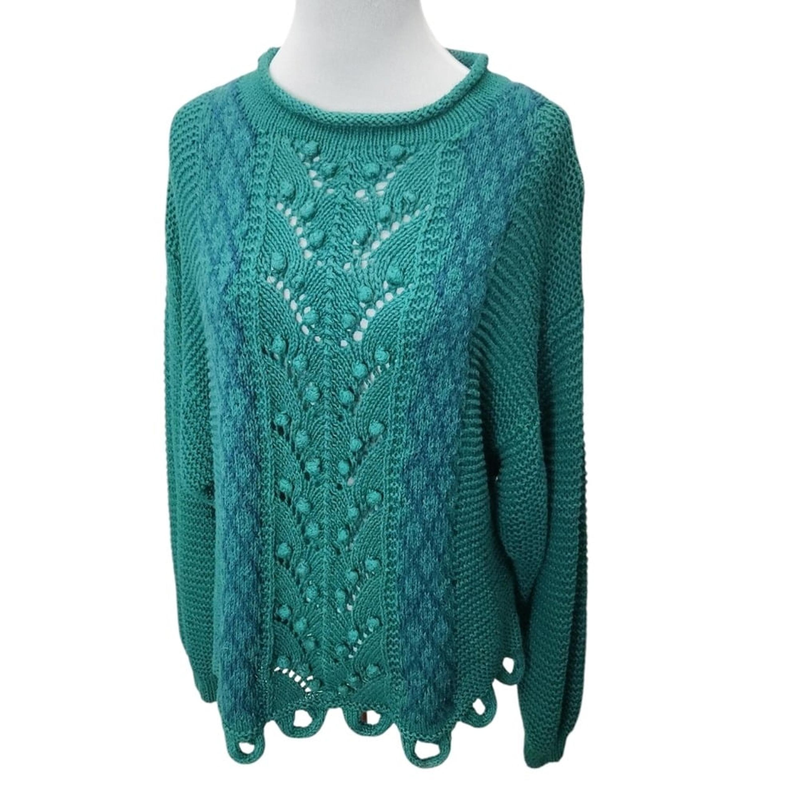 Vintage 80s GENERRA Popcorn Knit Sweater Teal Blue Loop Bottom  Size Medium
