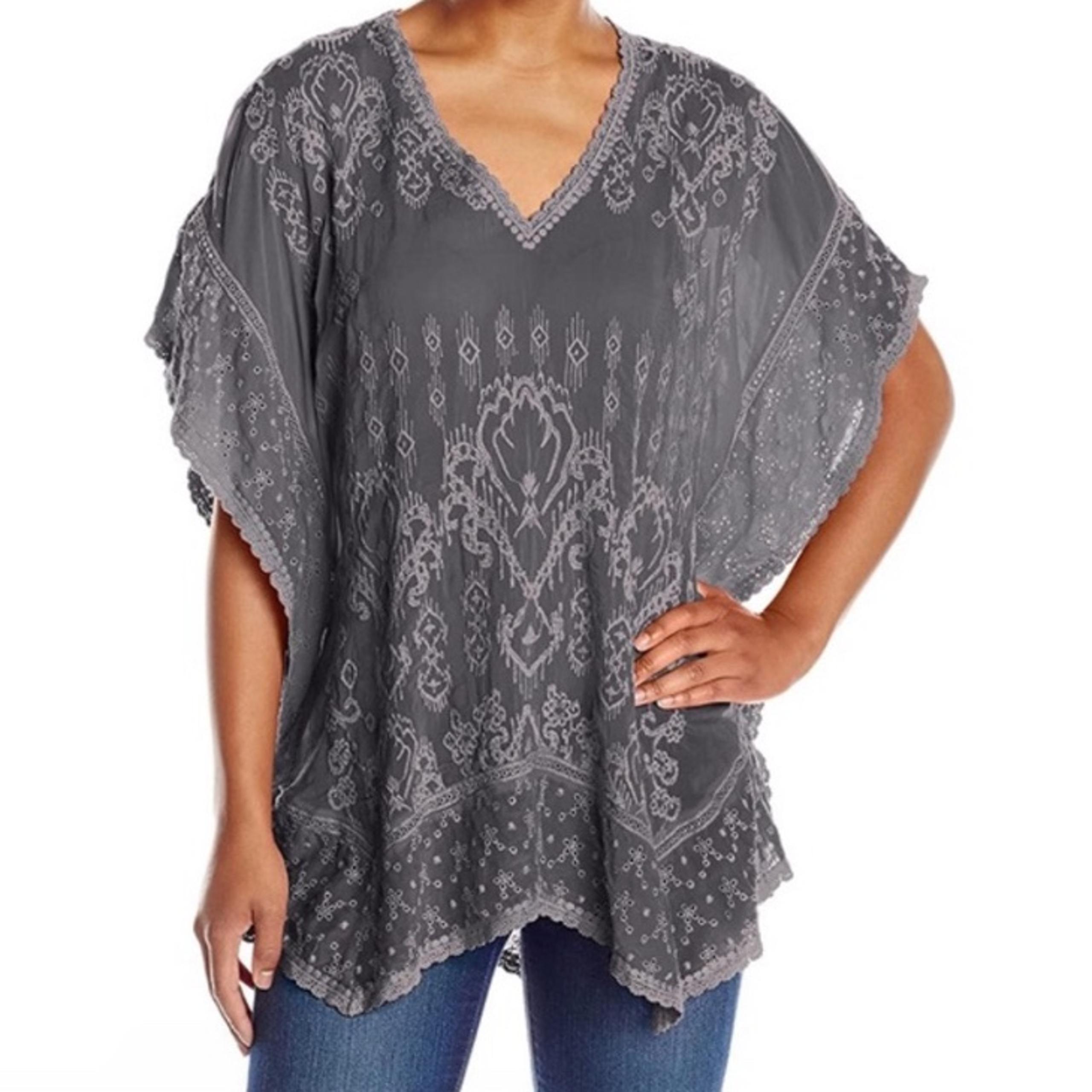 (2X) Johnny Was Poncho Pullover Embroidered Short Sleeve V-Neck Blue XXL 2XL