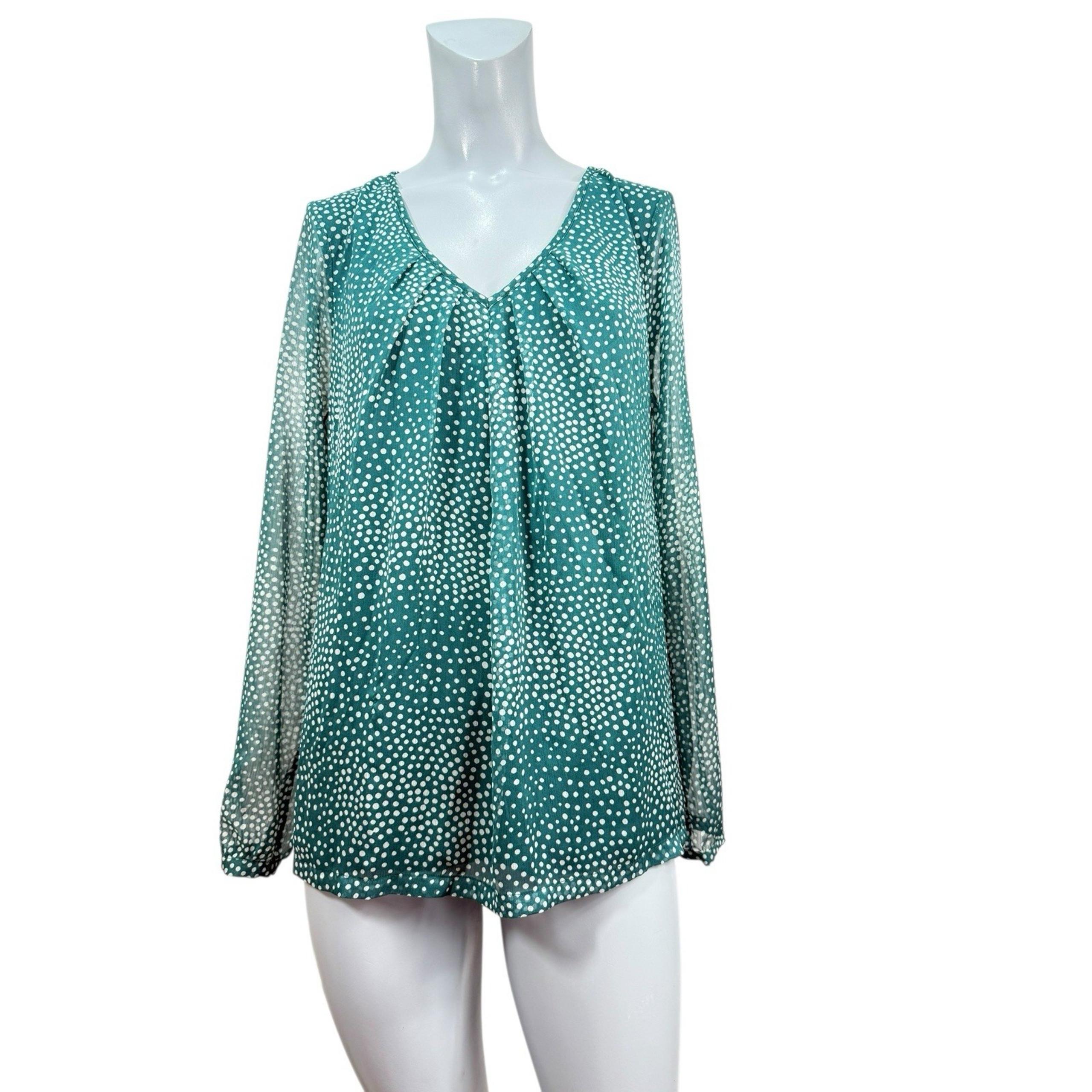 Women's Boden 8 Top Sheer Long Sleeve Knit Back Green with White Dots V-neck