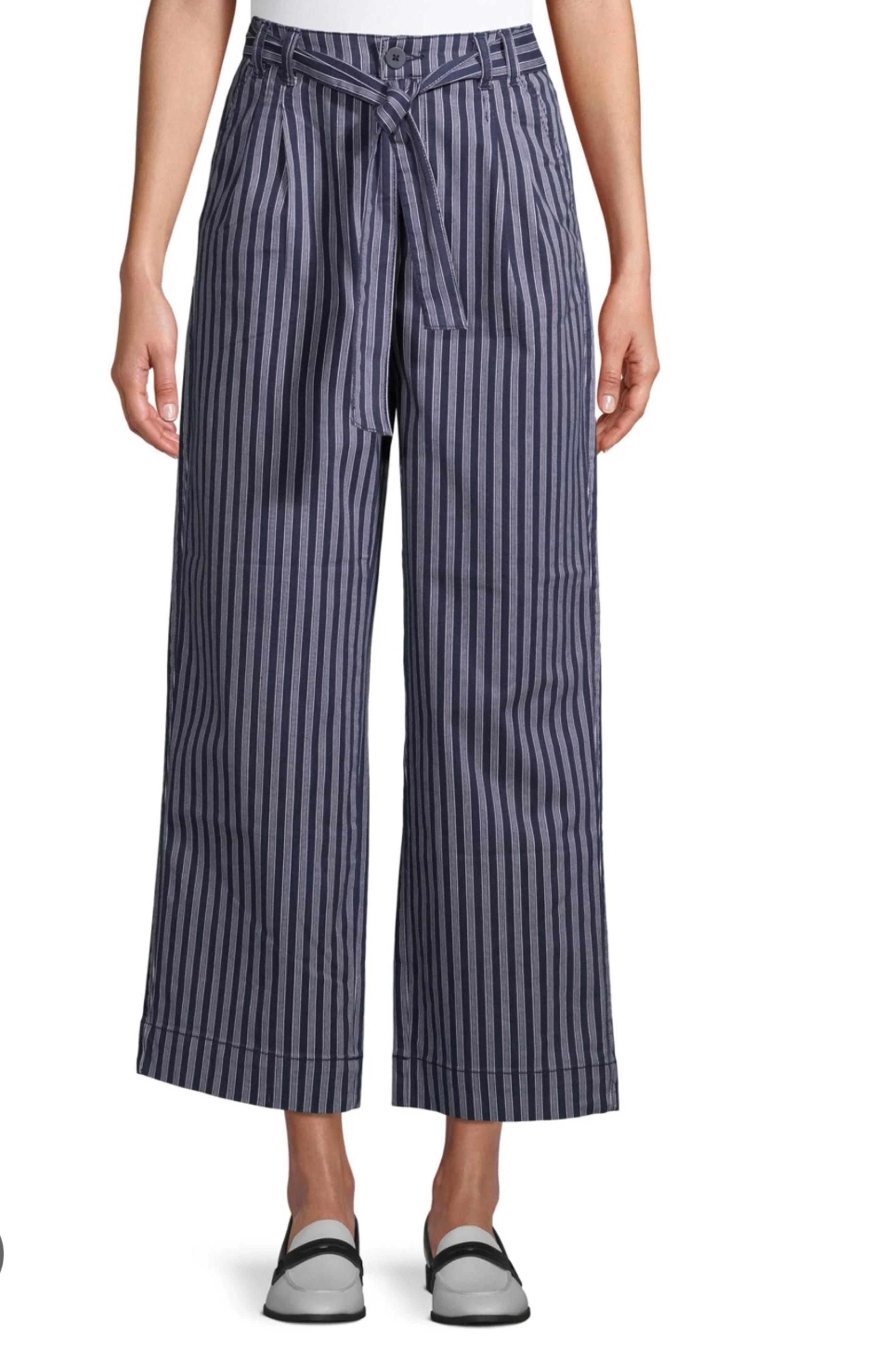 Time & Tru High Rise Self Belt Pleated Pants Navy White Striped Wide Leg Women 4