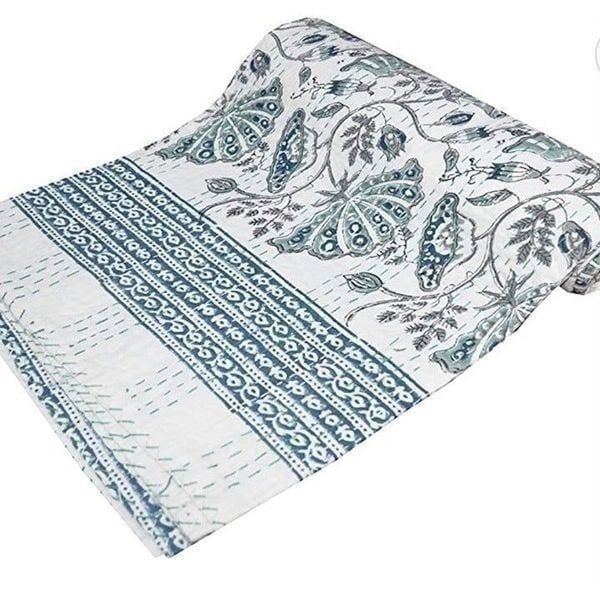 Handmade Kantha Floral Print Quilt Throw