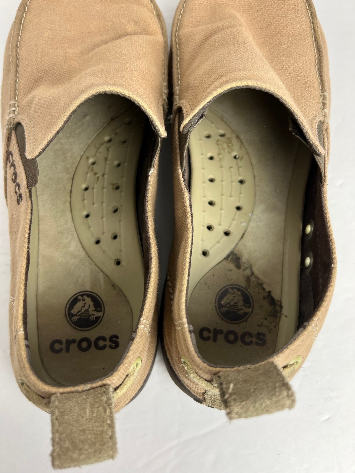 CROCS Mens Walu Tan Brown Canvas Slip On Comfort Loafers