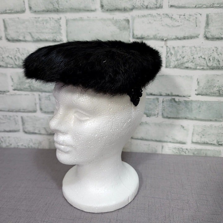 Vintage 50s 60s Black Mink Fur Hat Furry Halo Winter Fascinator Hat Sequin Side