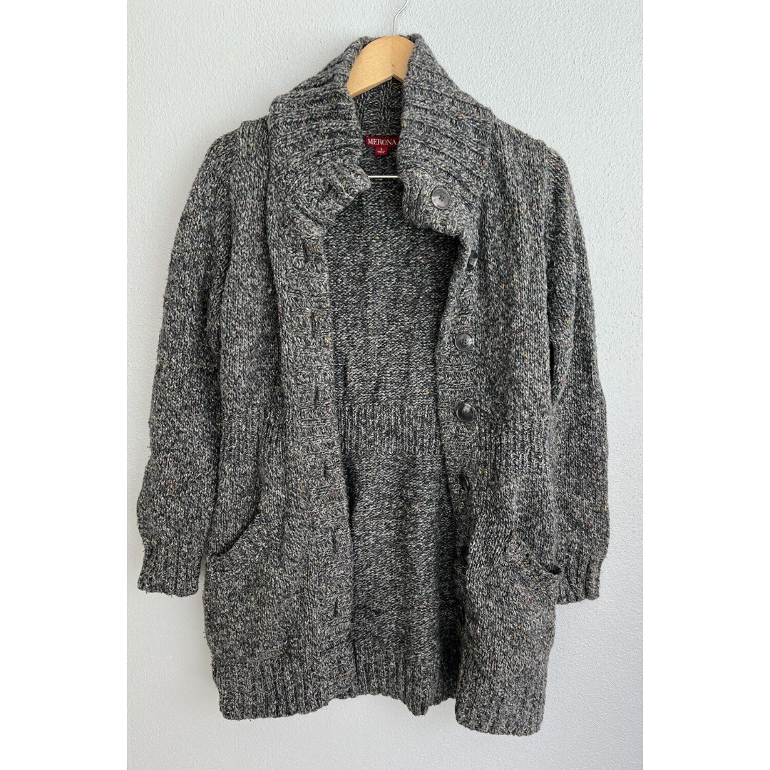 Merona Gray Rainbow Multi Color Button Up Down Sweater Long Sleeve Wool Blend L