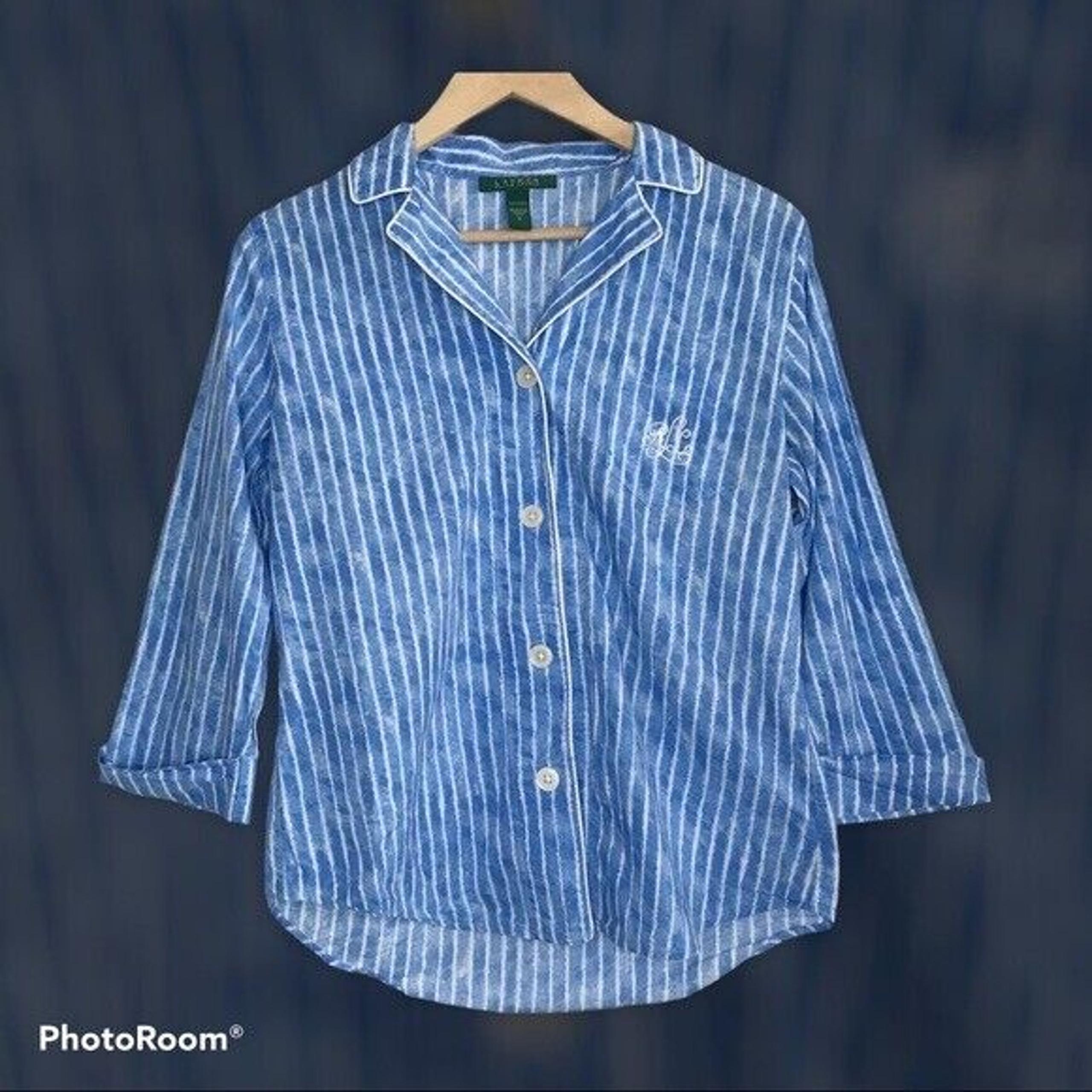 Lauren Ralph Lauren Women's Pajama Top Button-Up Blue White Striped 100% Cotton