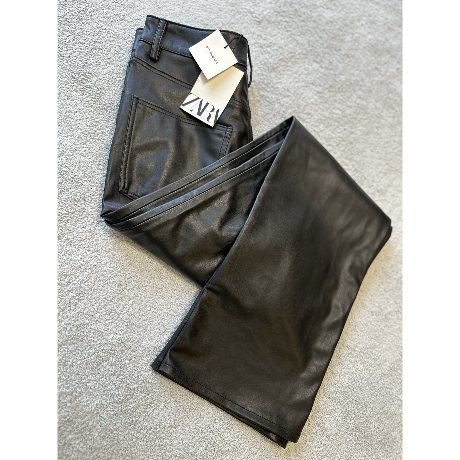 Zara 90's Wide Leg Faux Leather Pants Black Woman's Size 4