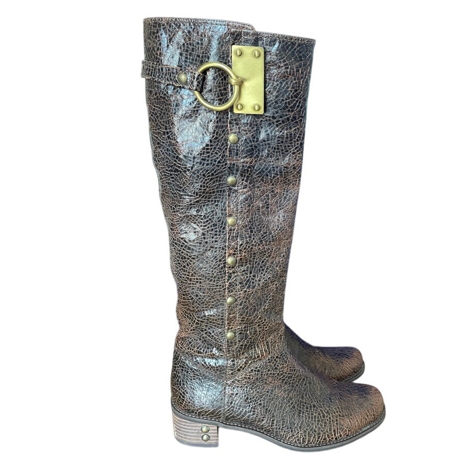 Stuart Weitzman Brown Leather Tall Boots Brass Ring
