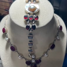 Sterling Vintage Garnet and Mother of Pearl necklace and Bracelet
