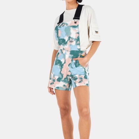 TIMBERLAND All Over Print Dungarees in Blue Watercolor Print Sz XL Overall Short