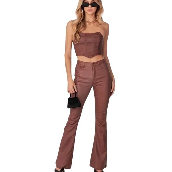 NWT Edikted Luna Faux Leather High Rise Y2K Festival 70s Flare Leg Pant Brown XS
