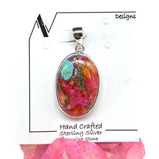 Pink Dahlia Turquoise Necklace Pendant Solid Sterling Silver 925 Oval Western