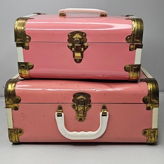 VTG Set of 2 1950's Pink Enamel Metal Doll Storage Trunk Hinged Handled Cases