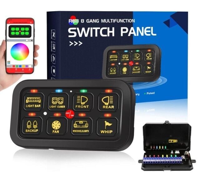 RGB 8 Gang Switch Panel for Truck Toggle Momentary Pulsed Multifunction Bluetoot