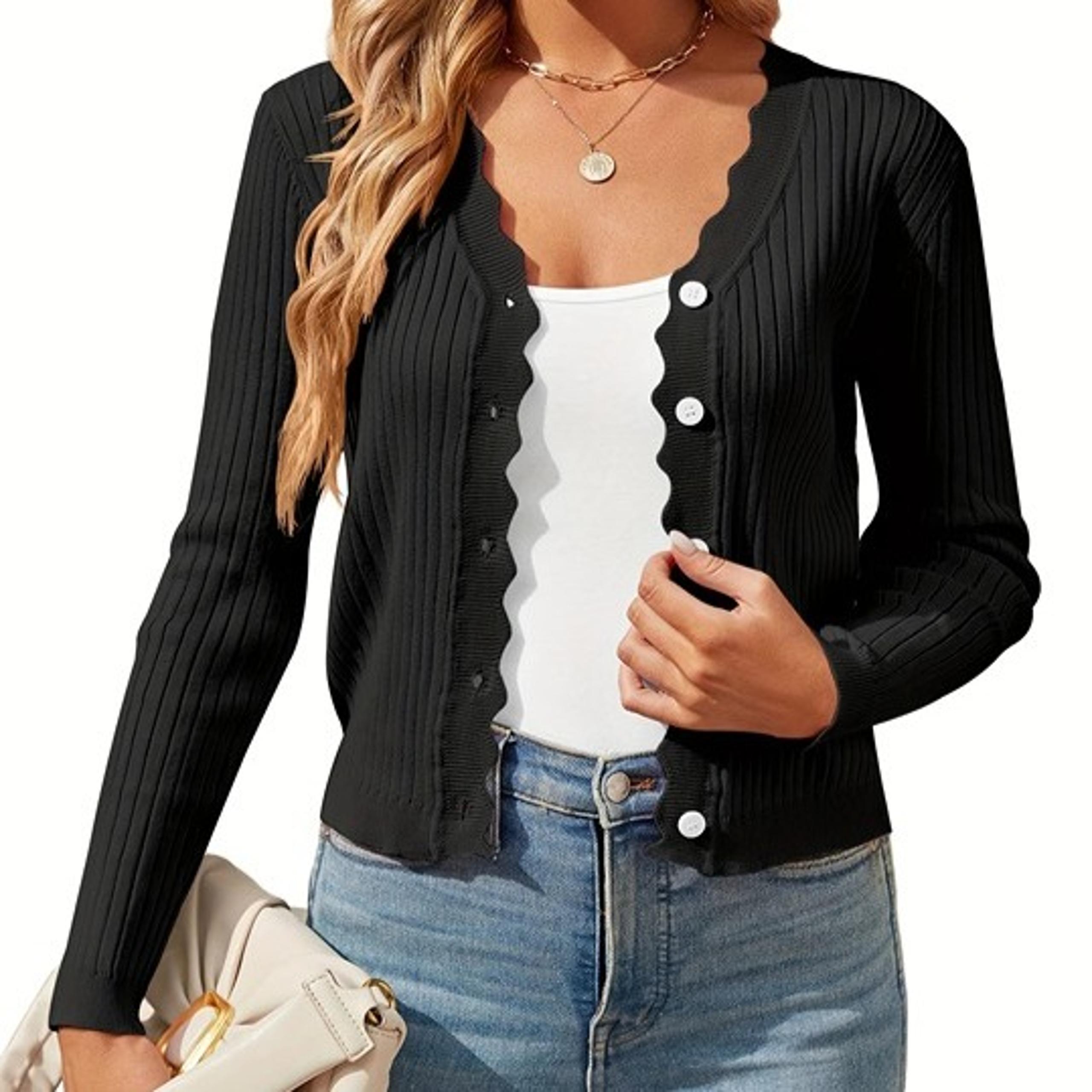 Women's Long Sleeve Black Cardigan Sweater Ribbed Knit Button Down Top - Small