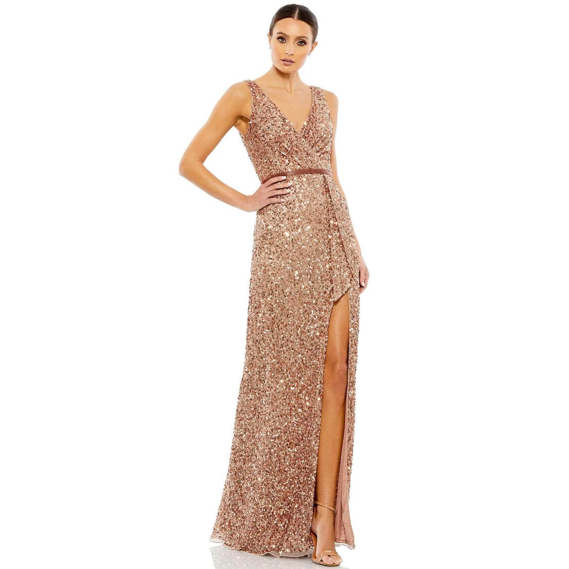 Mac Duggal 5539 V Neck Sleeveless High Slit Sequin Beaded Wrap Gown Copper Sz 6