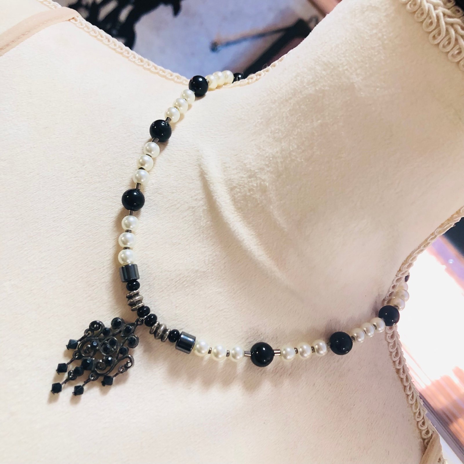 Handcrafted repurpose chandelier crystal onyx stone beaded necklace