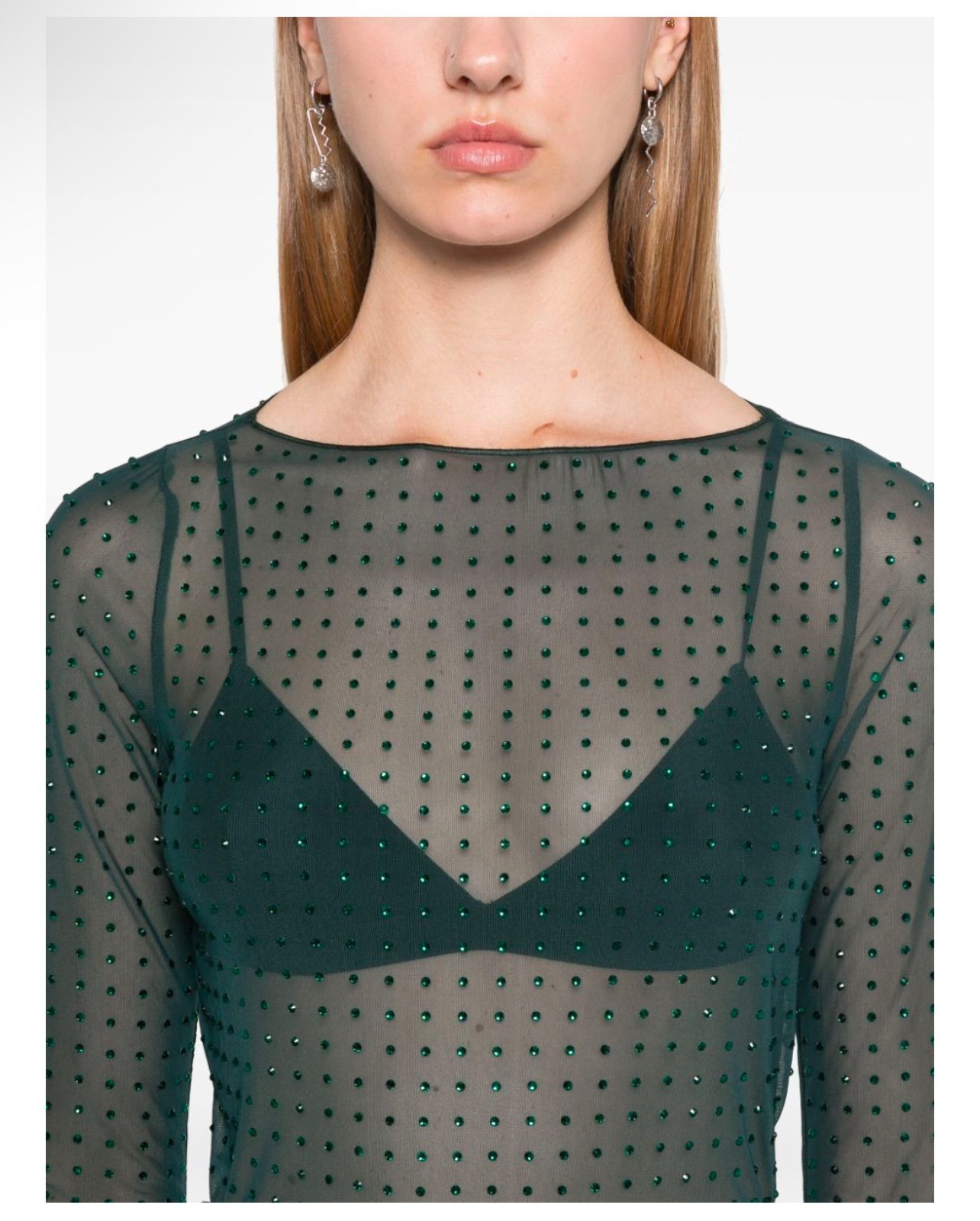 PINKO Emerald Green crystal Fully rhinestoned light tulle sweater top M
