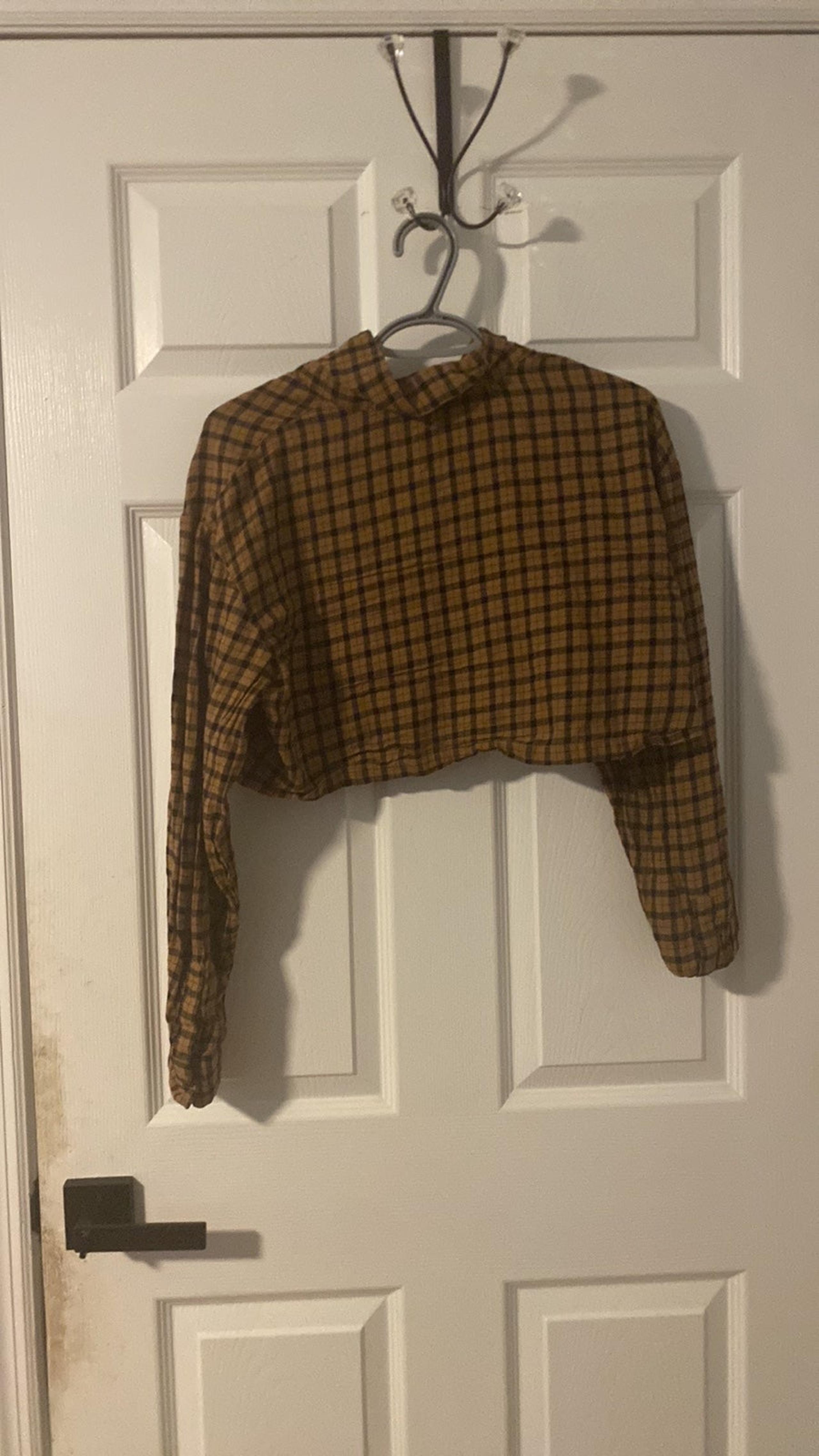 cropped button down brown shirt
