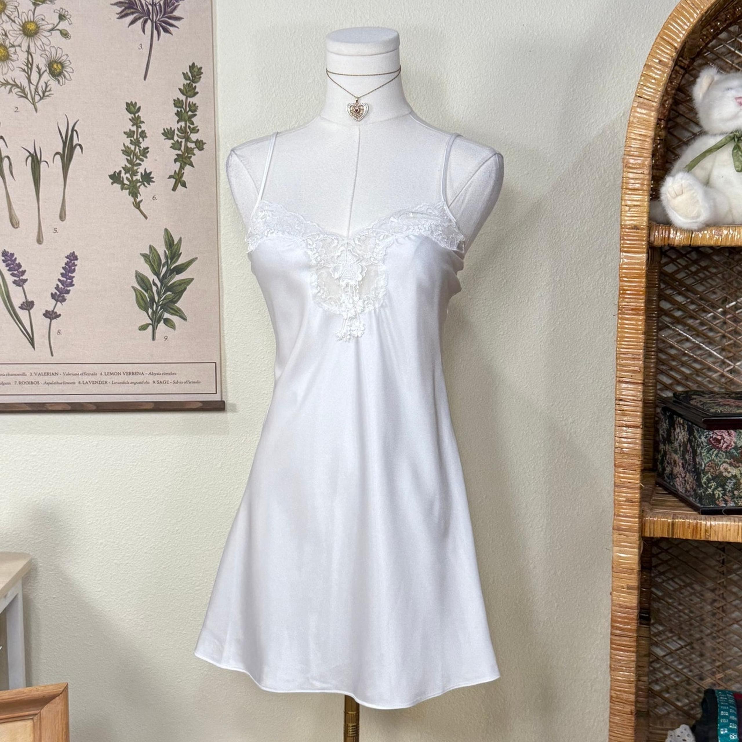 Vintage 90s White Satin Embellished Mini Slip Dress Ethereal Coquette Romantic S
