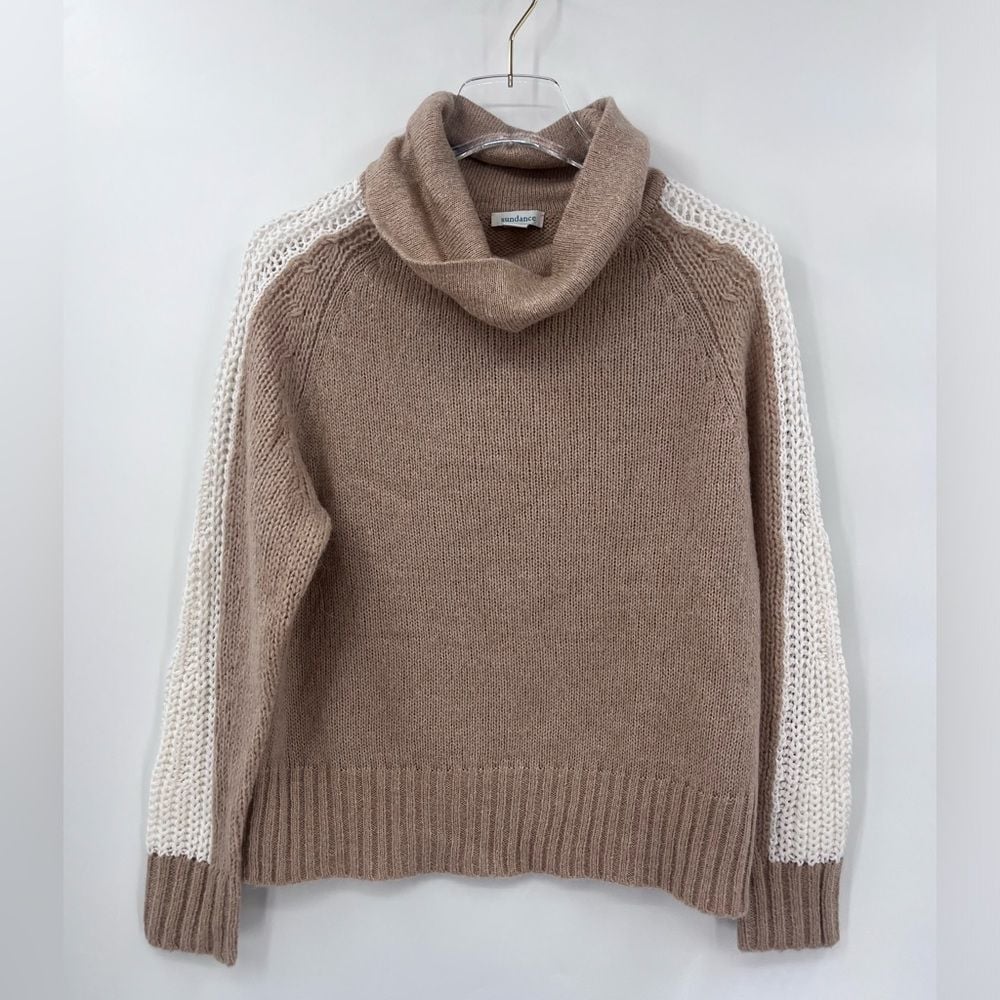 Sundance Catalog Women's Elsa Cream Tan Crochet Cowl Neck Long Sleeve Sweater M