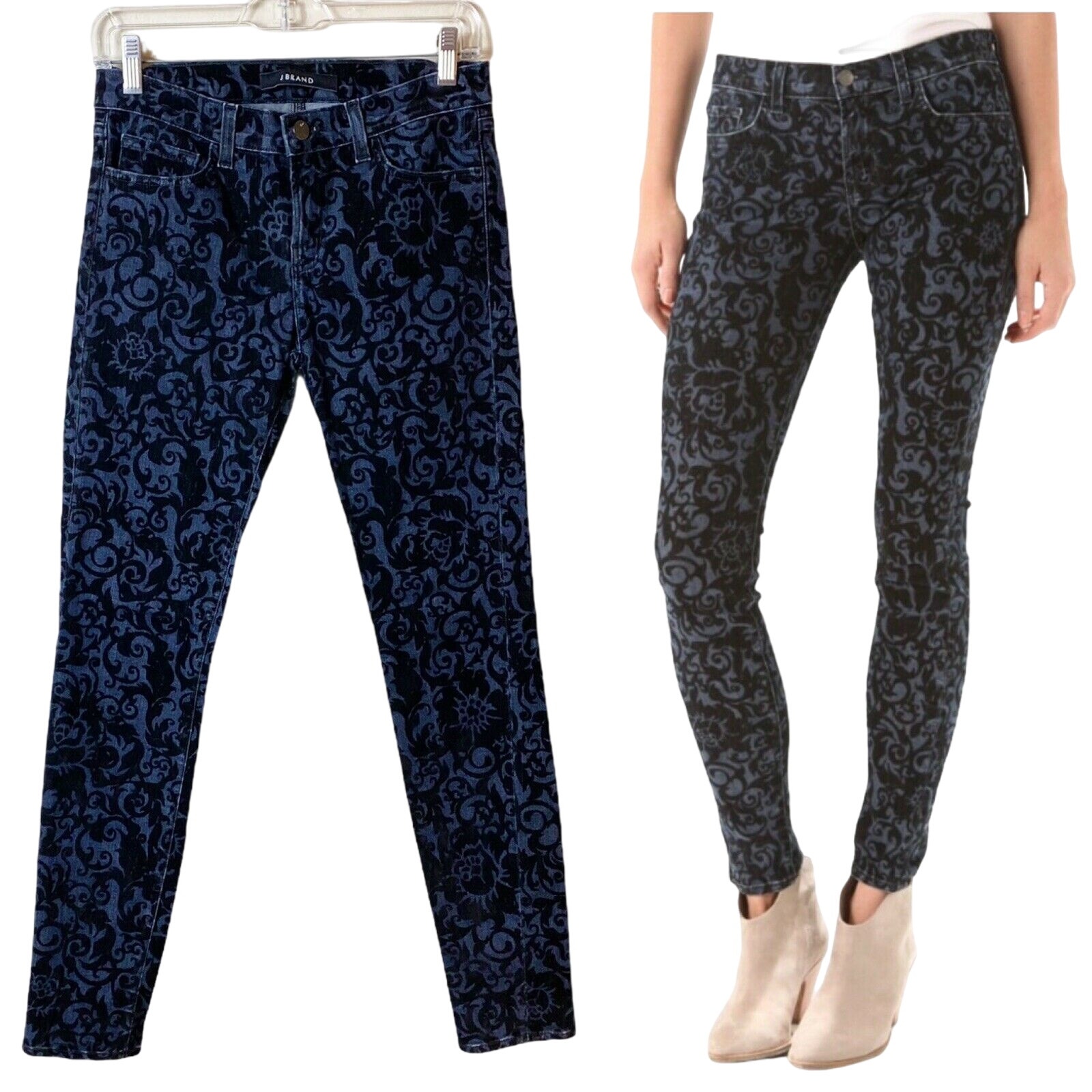 J BRAND Skinny Jeans Denim Flocked Fleur De Lis Velvet 3D Brocade 26 USA EUC
