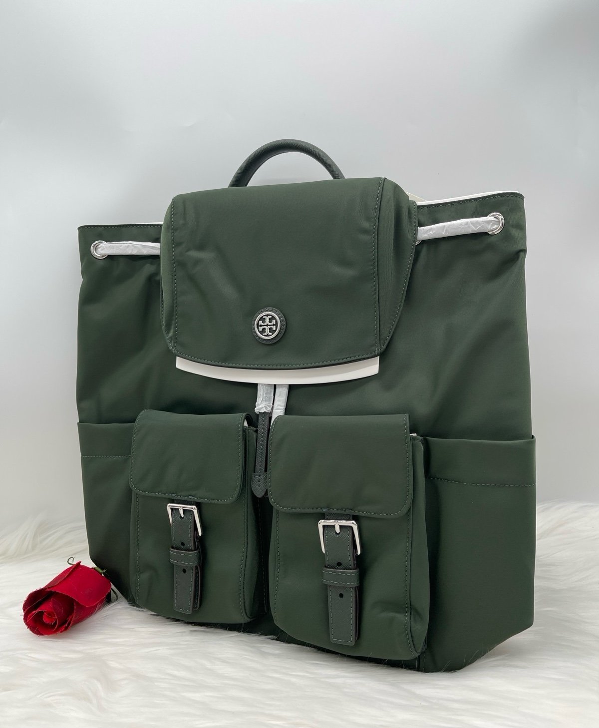Brand NEW AUTH Tory Burch Women's Virginia Logo Flap Nylon Backpack In Basil