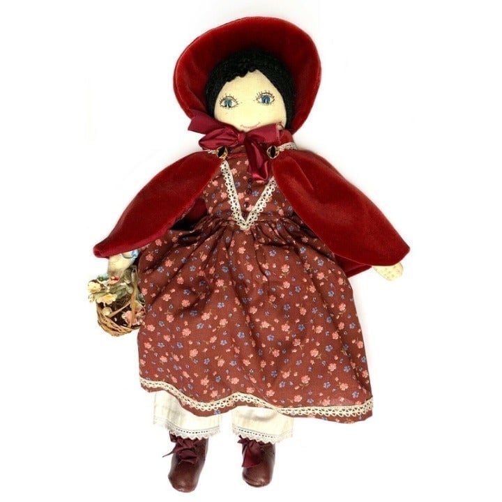 Hand Made Vintage Soft Body Rag Doll 17” Fabric Victorian Petticoat Velvet Red