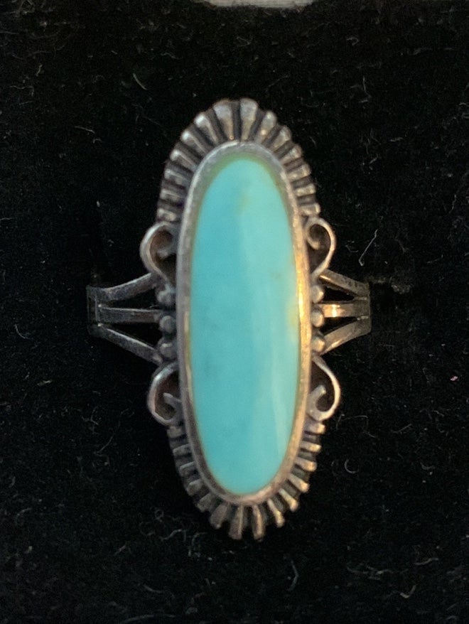 NATIVE/VINTAGE RING - Robin Egg Blue Elongated Oval TURQUOISE In Ornate Silver