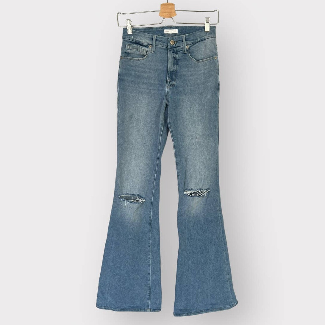 Good American Good Flares High Rise Women Size 0/25 Ripped Distressed Light Blue
