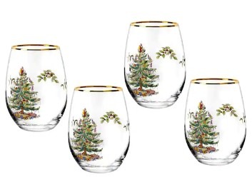 Spode Christmas Tree Stemless Wine Glasses 16 oz Set of 4 Gold Rim