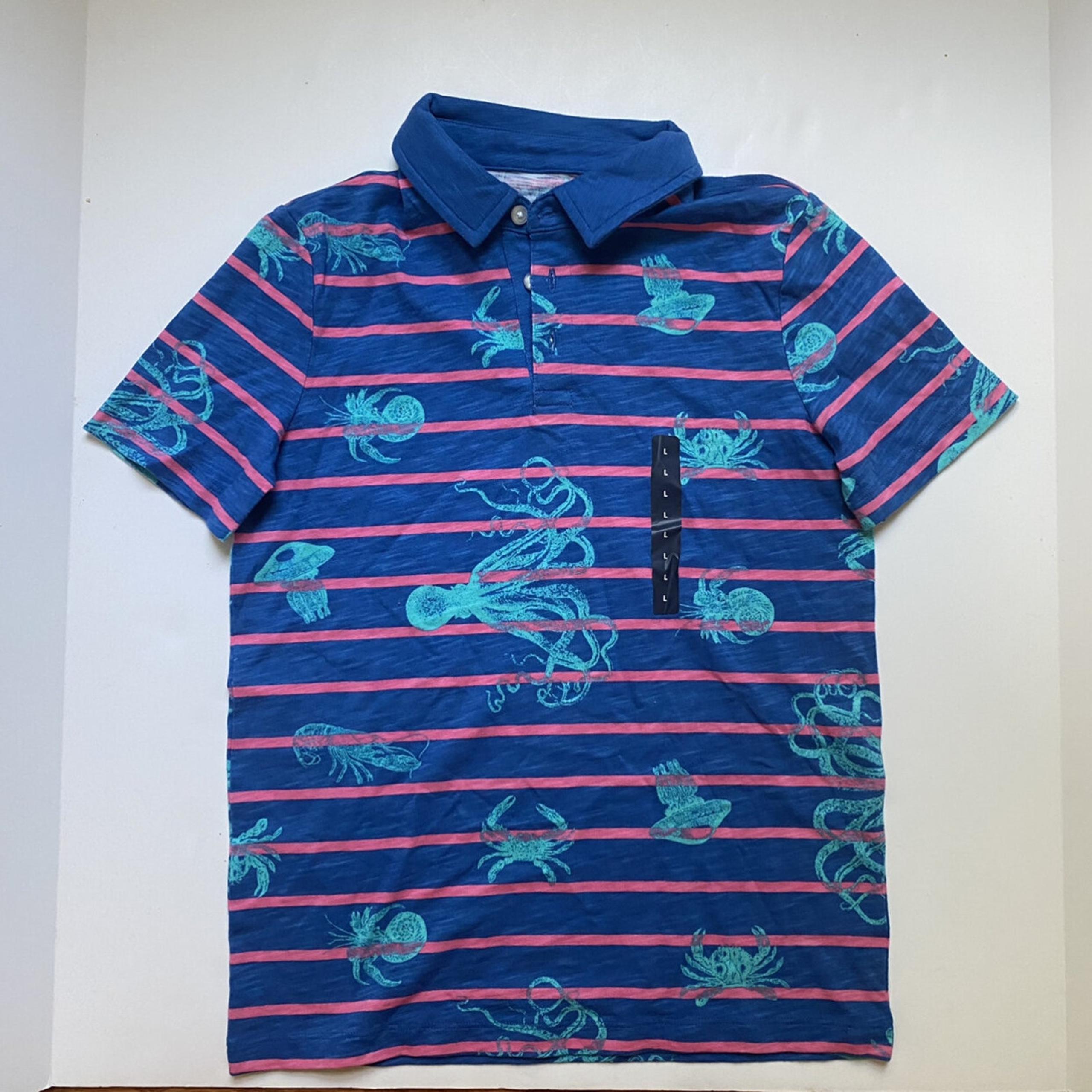 NEW Lands End Blue Stripe Ocean Print Polo