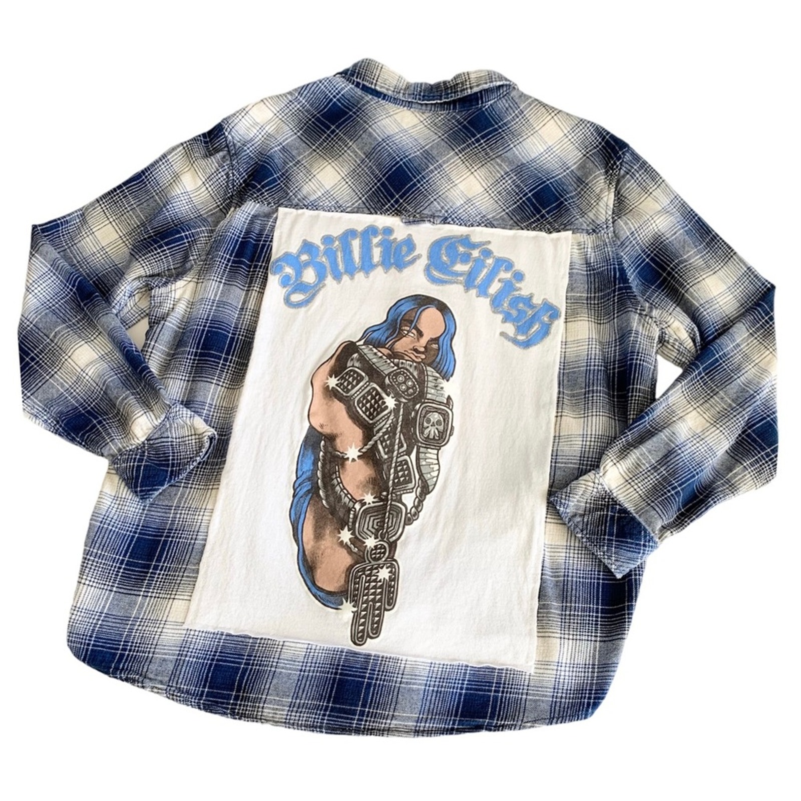 Via Penny Lane Reworked Apparel Billie Eilish Graphic Custom Blue/White Flannel