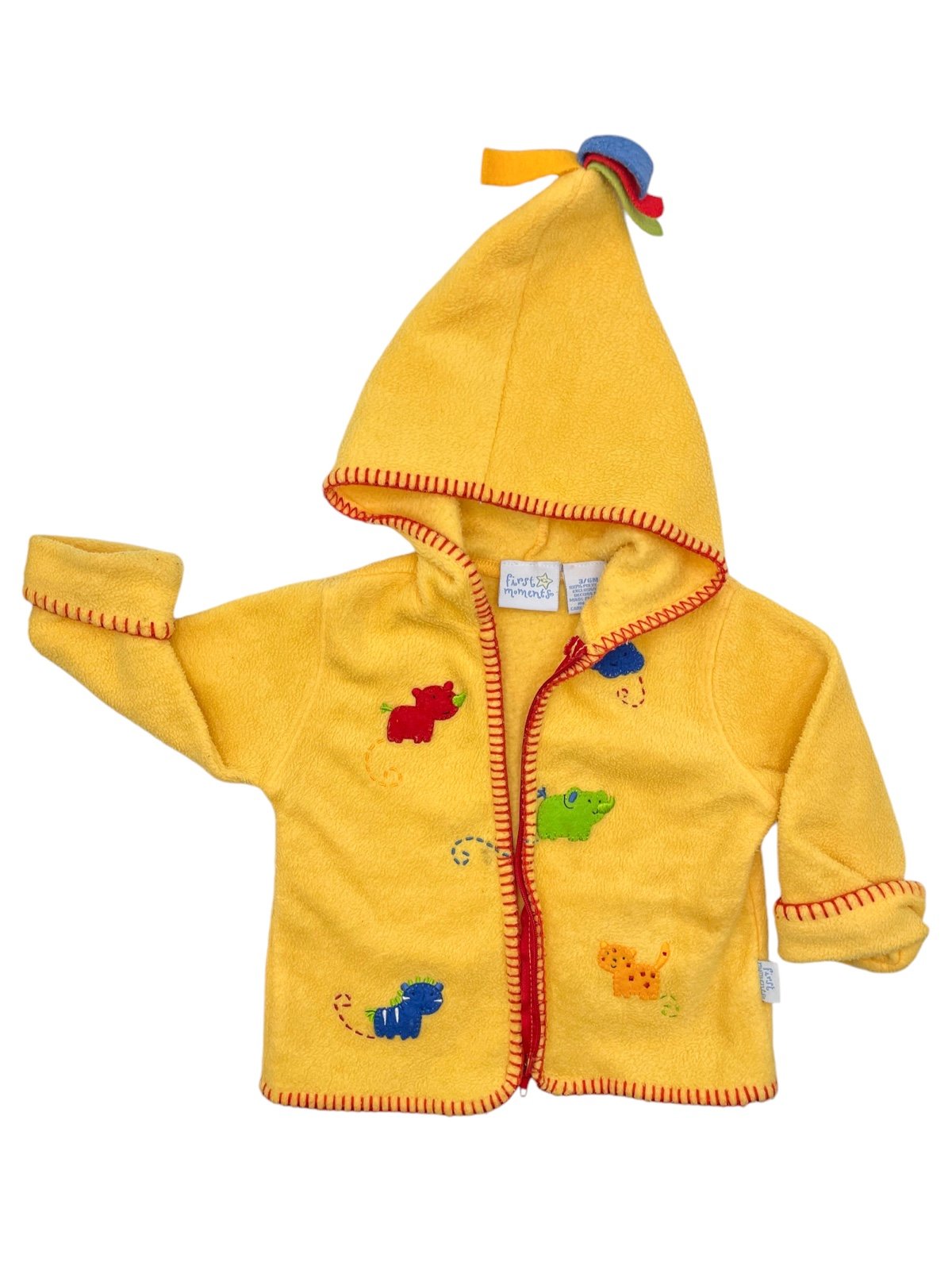 First Moments Yellow Animal Kids Jacket Vintage Fleece Zoo Zip Pompom Hood 3/6M