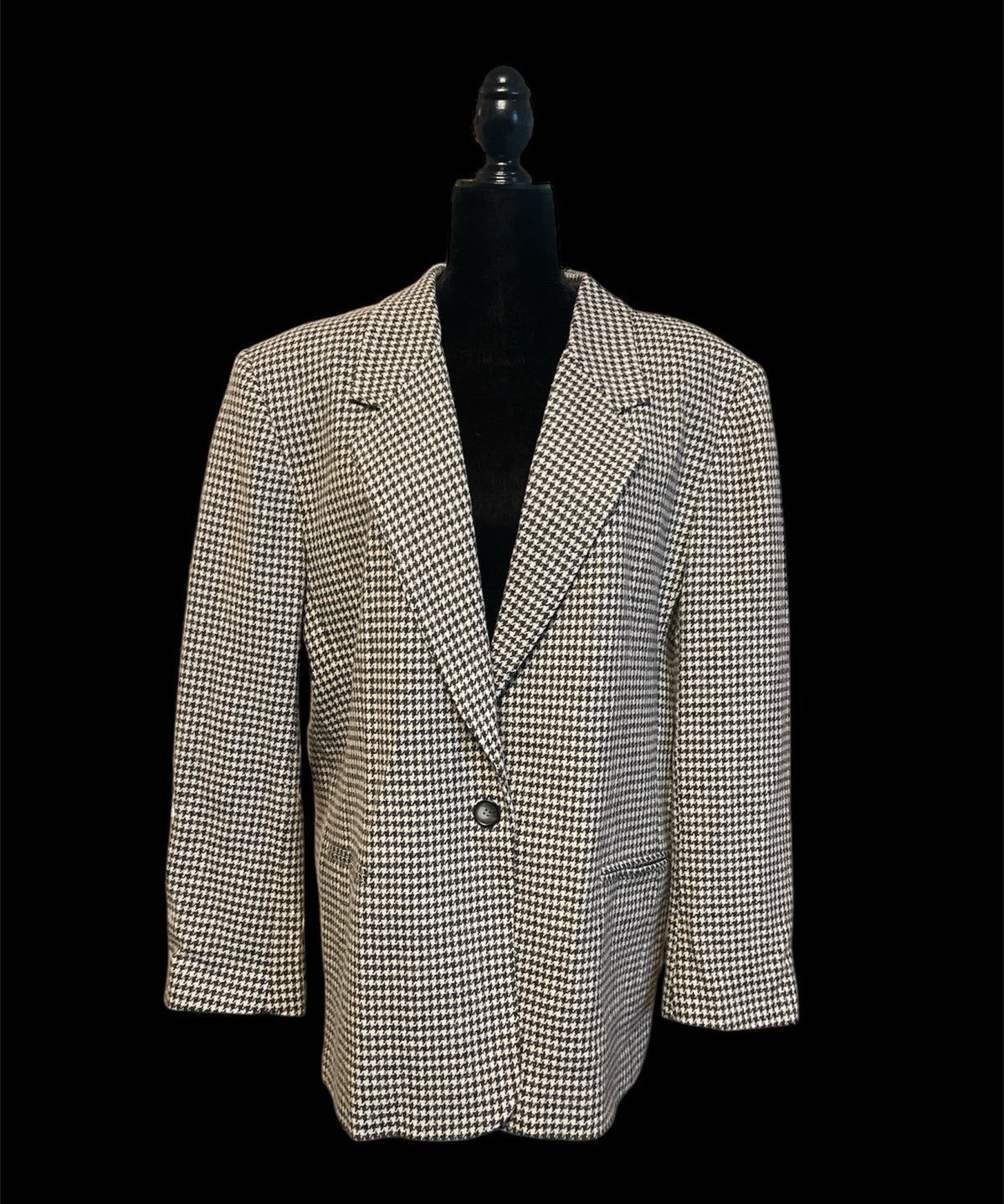 Vintage Leslie Fay Blazer Jacket Womens 18 Gray White Houndstooth Wool Blend