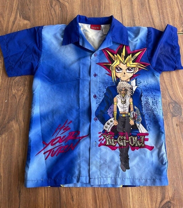YuGiOh 1996 Vintage Anime All Over Print Button Up Yu-gi-oh Shirt Blue sz Small