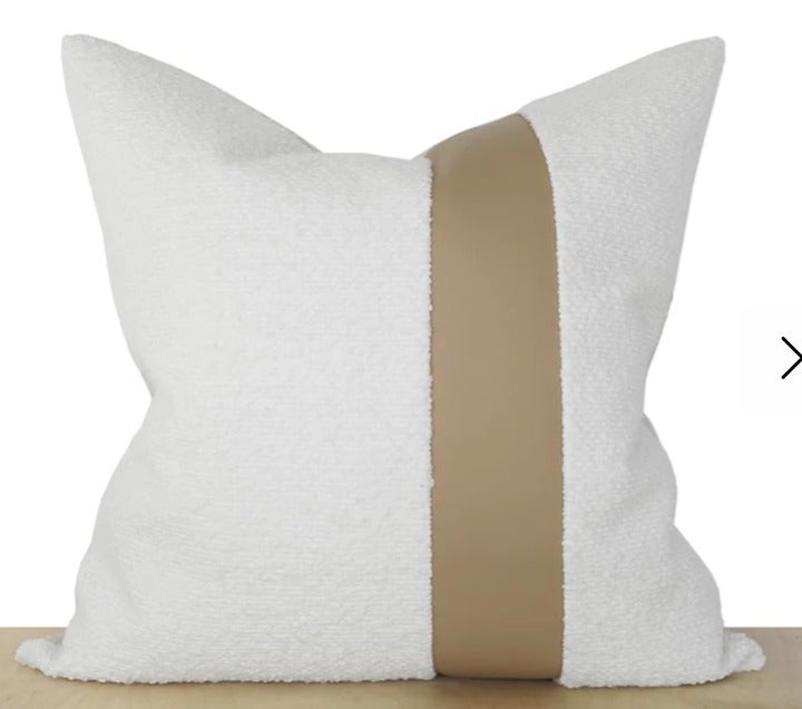 Set of Throw Pillow Covers, Boucle Textured Fabric with Faux Leather Accent