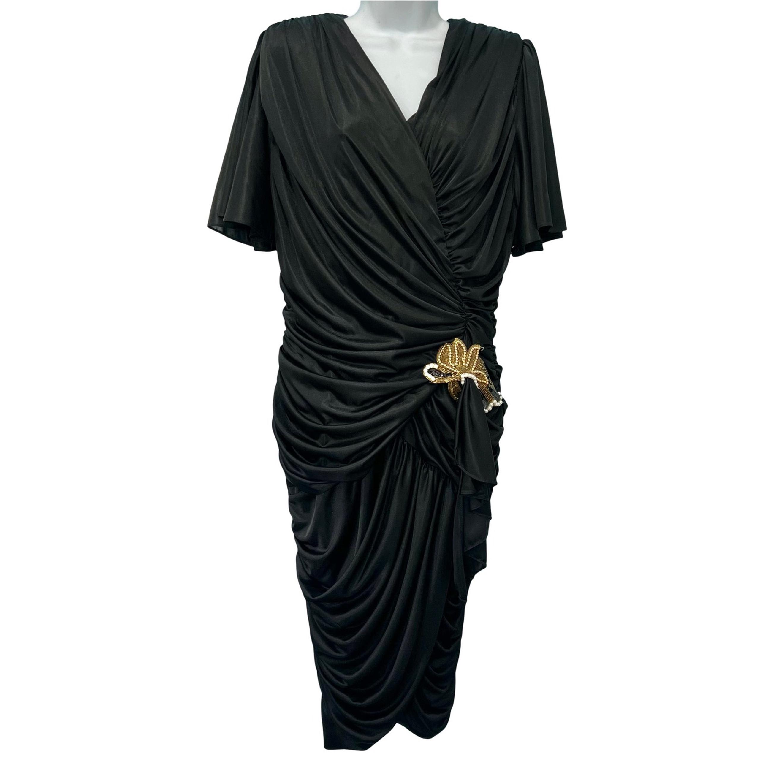 Vintage 80s Black Gold Satin Draped V-Neck Wrap Flutter Sleeve Dress sz 11/12