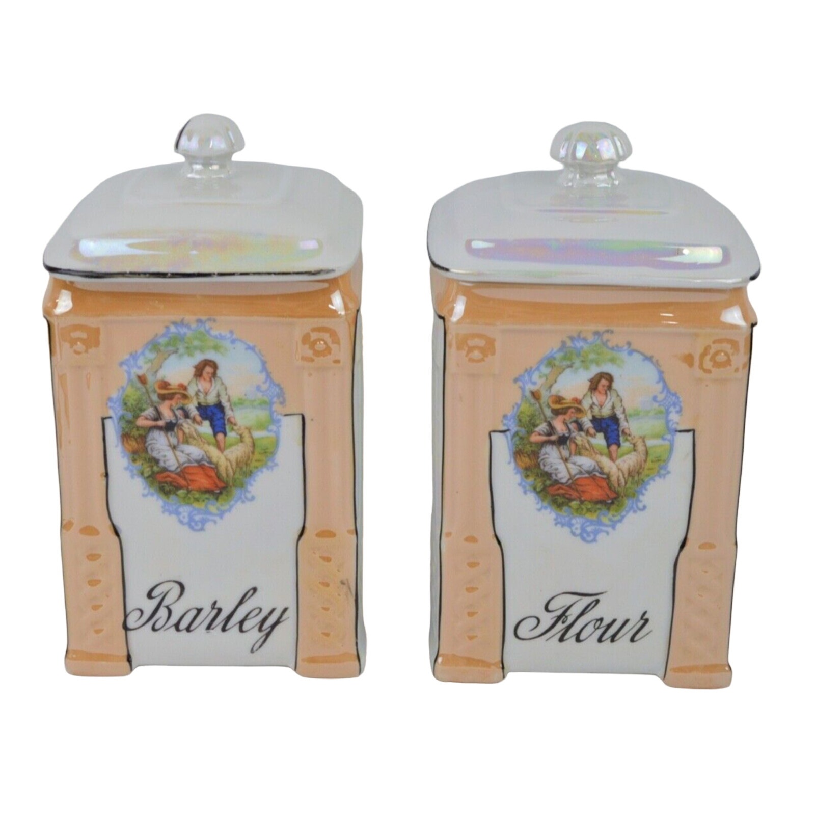Set x2 Victoria Czechoslovakia Porcelain Canister Jar Barley Flour Couple #3123
