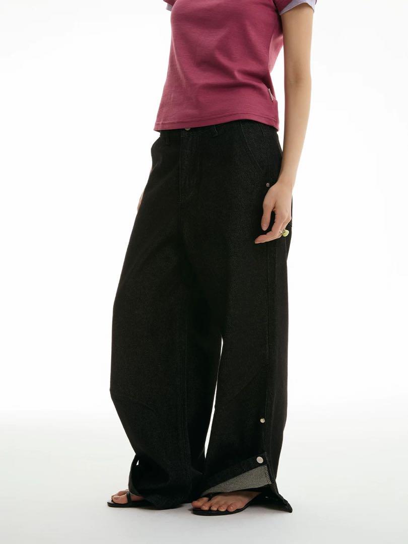 FUNKYFUN Solid Color Denim Jeans Wide Leg Pants with Foldover Adjustable Hem Design