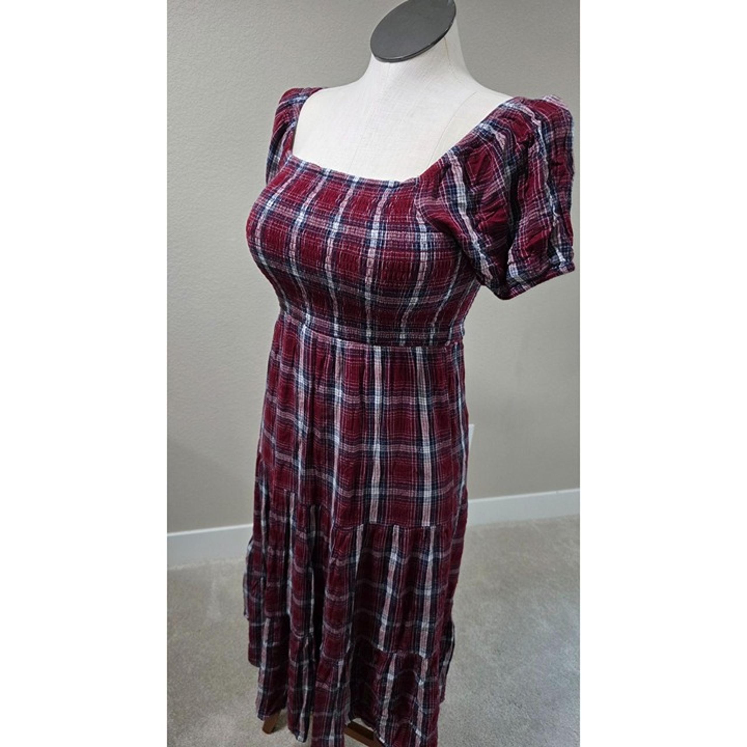 Plaid Smocked Red & Blue Midi Square Neck Dress With Puff Short Sleeves AE